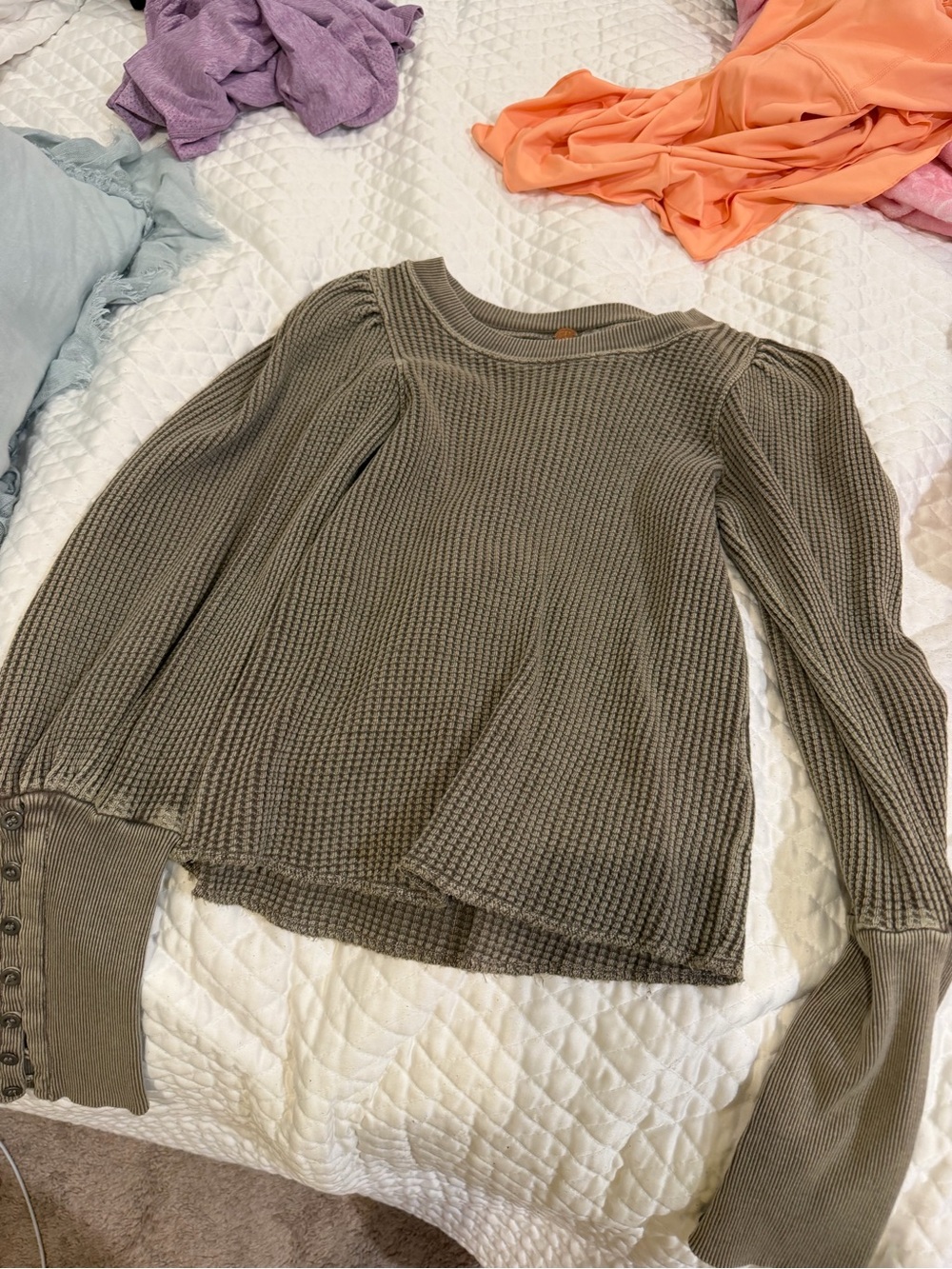 Free People Waffle Knit Long Sleeve Top in Olive